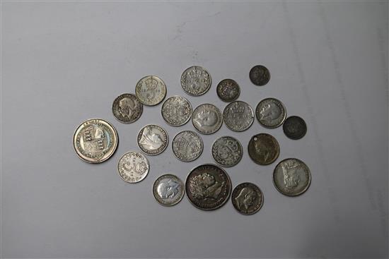 A group of UK silver and bronze coins George III to George VI including an 1844 crown, edge knocks otherwise GVF, 1888 florin, two